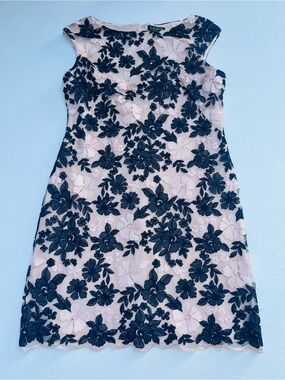 Lauren Ralph Lauren Sheath Pink Navy Floral Embroidered Lace Cocktail Dress 16
